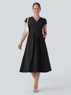 Halara Breezeful Midi Dress Small Black V Neck A-Line Pockets NWT